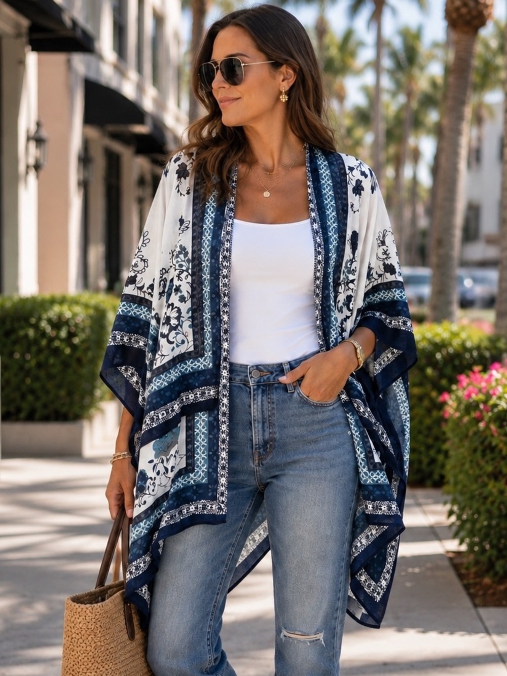 Vince Camuto Kimono Blue White Boho Open Top Swim Coverup Vacation O/S